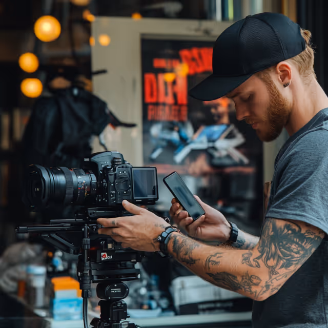 A tattooed man in a cap adjusts a professional camera setup while checking his phone in a studio-like environment.