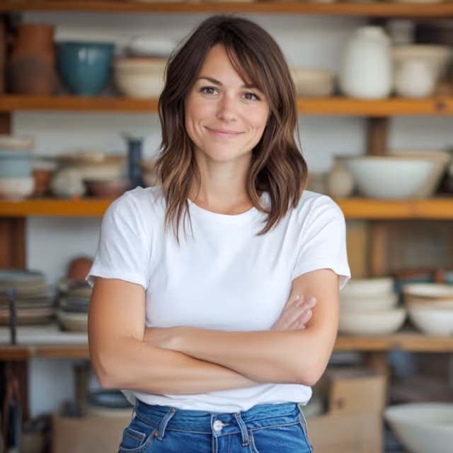 A woman standing confidently with arms crossed in a pottery studio, surrounded by shelves filled with ceramic bowls and pottery items.