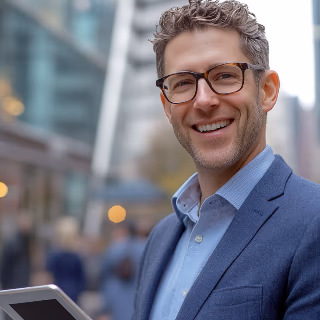 A smiling man in business attire holding a tablet, standing outdoors in an urban setting with glass buildings and blurred people in the background.