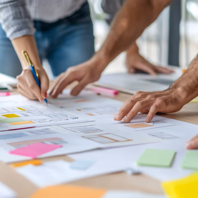 A group of people working together at a table, surrounded by sketches, sticky notes, and design plans, actively engaged in brainstorming.