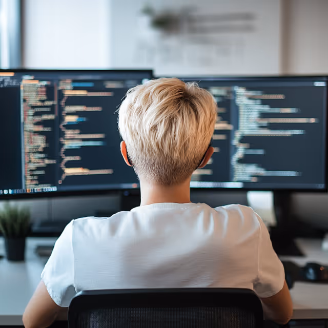 Back view of a person with short blond hair coding on dual monitors in a modern workspace.