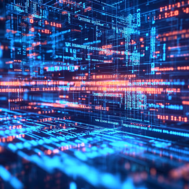 Digital illustration of a 3D grid of blue and red programming data streams.