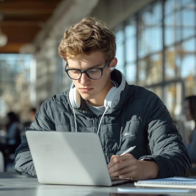 A young student wearing headphones and glasses works on a laptop at a table, writing in a notebook in a bright hallway with large windows.