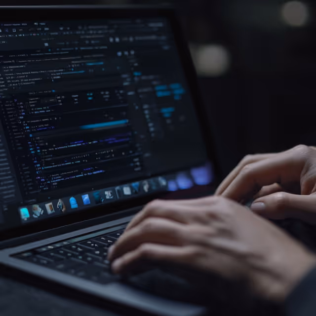 Hands typing on a laptop keyboard in a dim environment, with lines of code on a dark screen, indicating programming work.