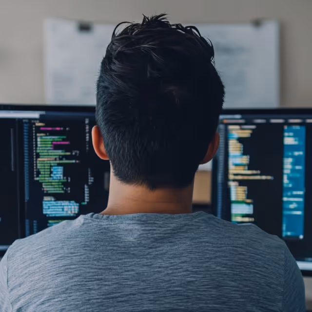 A software developer viewed from behind, working with code displayed on two large monitors in a workspace.