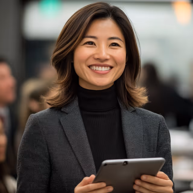 A confident woman in a blazer and turtleneck smiles while holding a tablet in a professional setting with blurred people in the background.