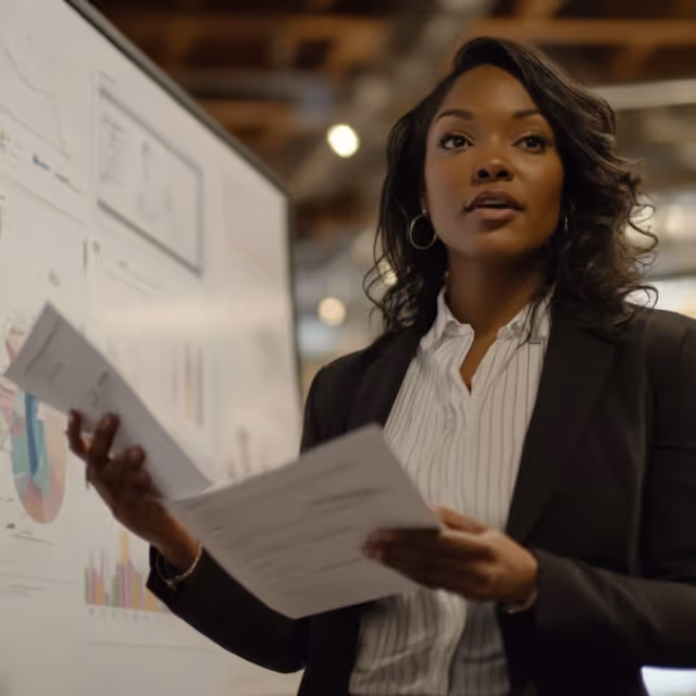 A professional woman holding documents while presenting in front of a whiteboard covered in charts, symbolizing data-driven branding strategies.