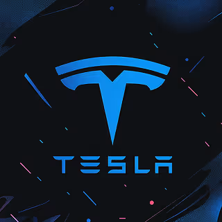 A neon blue Tesla logo on a dark background with subtle motion lines and particle effects, creating a futuristic and high-tech feel.
