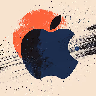A stylized Apple logo in dark blue with a red circular background and dynamic black paint streaks, set against a beige backdrop with ink splatters.