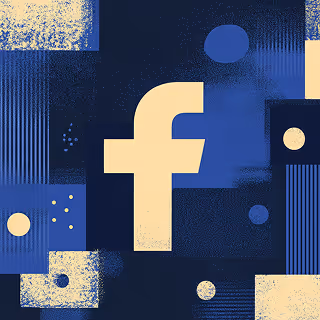 A stylized Facebook logo in light yellow set against a deep blue background with abstract shapes, gradients, and textured graphic elements.