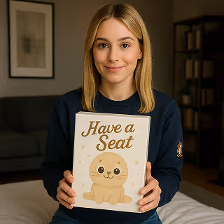 A smiling woman sitting on a bed holds up a children’s book titled “Have a Seat,” featuring an adorable cartoon seal on the cover.