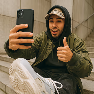 A young man in streetwear takes a selfie while sitting on outdoor steps, smiling and giving a thumbs-up gesture with enthusiasm.