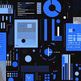 Stylized visual of digital data dashboards and analytics charts, represented in a vibrant, high-contrast blue and black color palette.