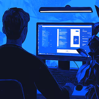 A person works at a computer in a home office setting, illuminated by a desk lamp, analyzing interface design on the screen.