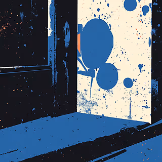 Graphic depiction of a window casting light onto a textured wall and floor, with abstract shapes and splatters in blue, black, and orange.