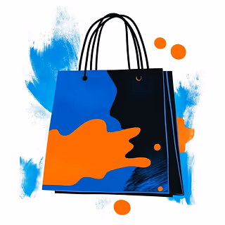 Stylized illustration of a shopping bag in bold splashes of blue, orange, and black with abstract shapes and expressive brush strokes.