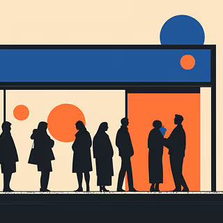 Minimalist artwork of people standing in line outside a storefront, using silhouettes and geometric shapes in a muted retro color palette.