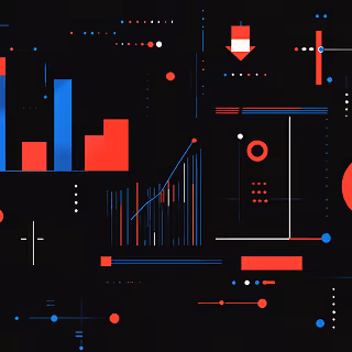 Abstract visualization of bar graphs, line charts, and data points in red and blue on a black background, symbolizing tone metrics and analytics.