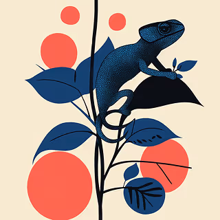 Stylized illustration of a chameleon perched on a leafy plant, surrounded by bold red circles, representing adaptability and tonal flexibility.