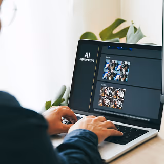 Person working on a laptop with an interface labeled “AI Generative” displaying image transformation options, highlighting AI creativity tools.