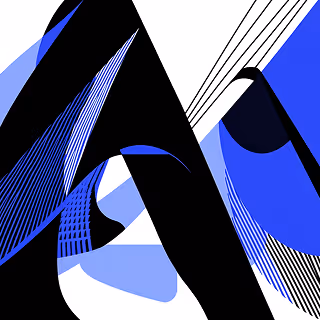 Geometric abstract design with sharp lines and curves in black, white, and shades of blue, suggesting dynamic movement.