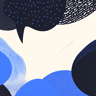 Modern abstract art using speech bubbles and shapes in black, blue, and cream, representing communication and expression.
