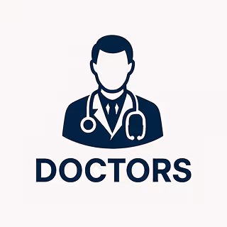 Vector-style icon of a doctor wearing a stethoscope, used to represent medical professionals or health services.