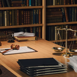 Professional law office setting with scales of justice, books, documents, and a gavel on a polished wooden desk, symbolizing legal practice.