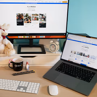 Dual-screen home office setup with a desktop monitor and laptop open to the same website, surrounded by office supplies and a plush toy, indicating a personalized and efficient workspace.