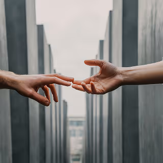 Two hands reaching toward each other against a backdrop of tall concrete structures, evoking themes of connection, distance, or support.