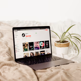 A laptop displaying a TikTok profile page, resting on a soft bedspread next to a potted plant, conveying comfort and casual content creation.