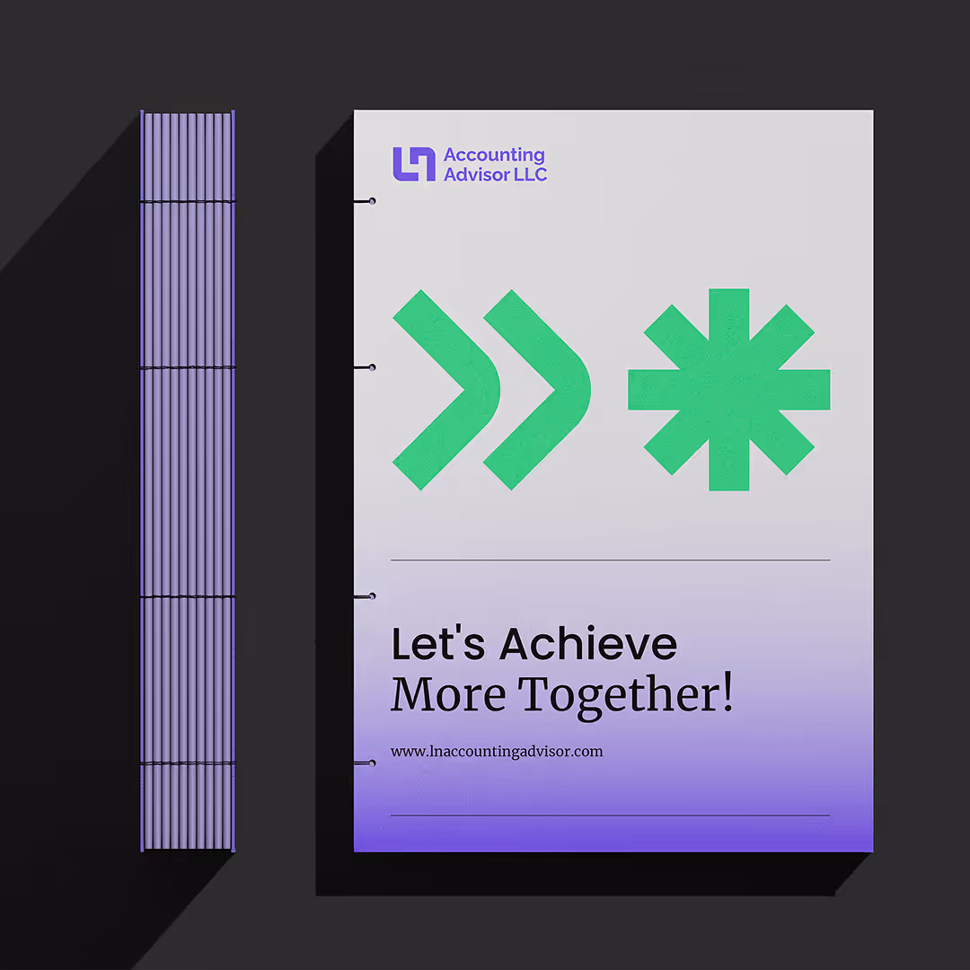 A clean, modern billboard for Accounting Advisor LLC with bold green icons and the tagline "Let's Achieve More Together!" against a gradient background.