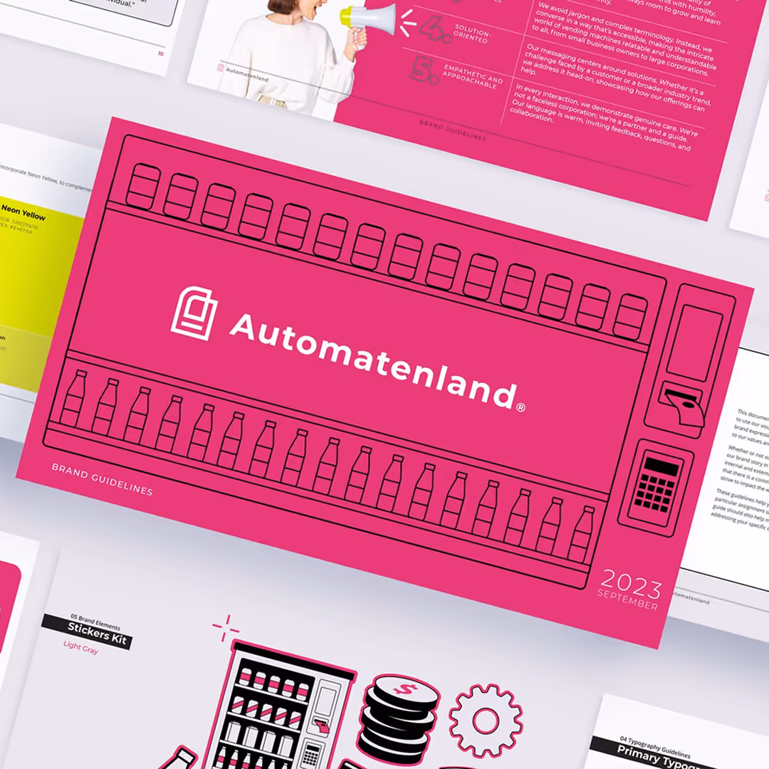 Bright magenta design system booklet cover featuring the Automatenland logo with vending machine-inspired illustrations, surrounded by branding materials and typography guides.