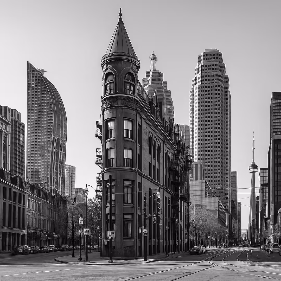 A black-and-white view of Toronto’s historic Gooderham Building (Flatiron), with modern skyscrapers and the CN Tower in the distance.