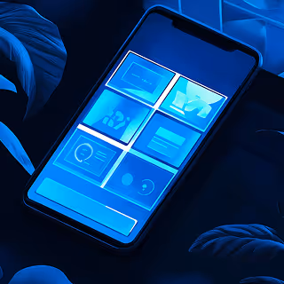Blue UI design mockup featuring a smartphone screen with multiple app icons arranged in a grid.