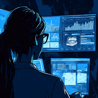 A blue and black digital illustration showing a woman in a ponytail working at a desk with glowing data dashboards.