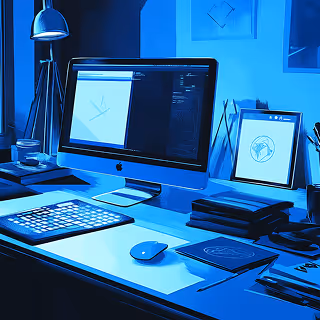A creative studio desk setup with an iMac displaying design software, surrounded by sketchpads and devices under a blue ambient light.
