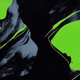 Bright green brushstrokes layered over dark, textured paint in an expressive, bold composition.