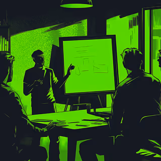A group of silhouetted figures in a dark office space, gathered around a table with a glowing green presentation.