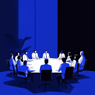Abstract blue illustration of an office space, featuring a round table with people in suits seated for a meeting. Figures are simplified in silhouette form, suggesting corporate collaboration.