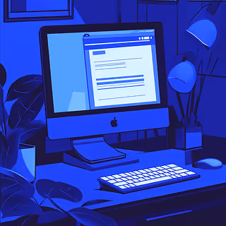 Blue monochrome illustration of a modern desk setup with an iMac displaying a webpage. The digital art style emphasizes minimal lines, with plants and a lamp adding depth.