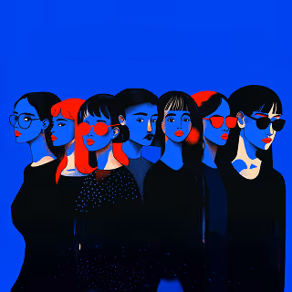 An abstract illustration of seven women standing side by side, stylized in shades of blue and black with bold red accents on lips and sunglasses. The women face forward with confident expressions, suggesting unity and diversity.