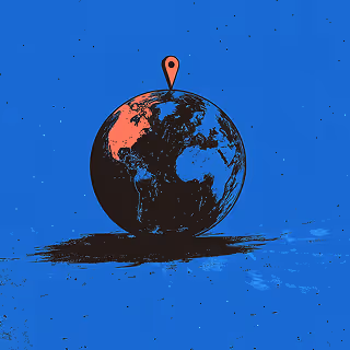 A digital illustration of a dark globe on a blue background, with a red location pin marking the top of the Earth. The continents are lightly highlighted, emphasizing the global nature of the scene.