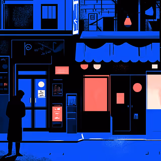 Digital illustration of a nighttime street scene with buildings in blue, doors and windows glowing in red, and a lone figure standing in front of the shops. The use of color creates a moody, atmospheric urban setting.