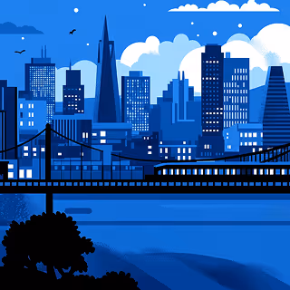 Illustrated blue-toned cityscape with tall buildings, a bridge in the foreground, and trees in silhouette. The scene features recognizable landmarks and a stylized skyline.