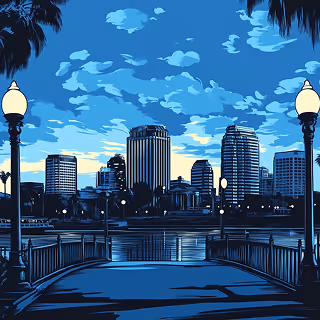 City skyline illustration with modern buildings, a bridge, and streetlights in shades of blue and yellow. The perspective is from a bridge looking into the urban center.