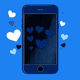 Illustration of a smartphone with heart icons in various shades of blue floating around it, representing likes or engagement. The background is a solid bright blue, highlighting the concept of digital interaction.