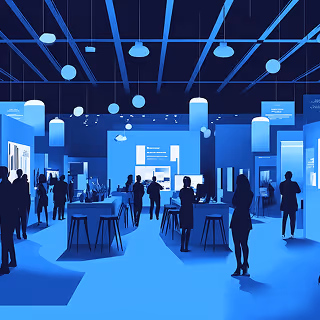 Modern convention center illustration with a blue-themed color palette, filled with silhouettes of people networking and exploring exhibits.
