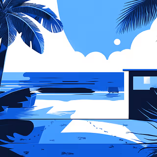Blue-toned vector artwork of palm trees and urban buildings, showcasing a vibrant California street scene with mid-century architecture.