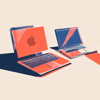 Digital illustration of two stylized laptops—one with an Apple logo and one without—rendered in a flat red, blue, and beige palette, highlighting technology and modern design.